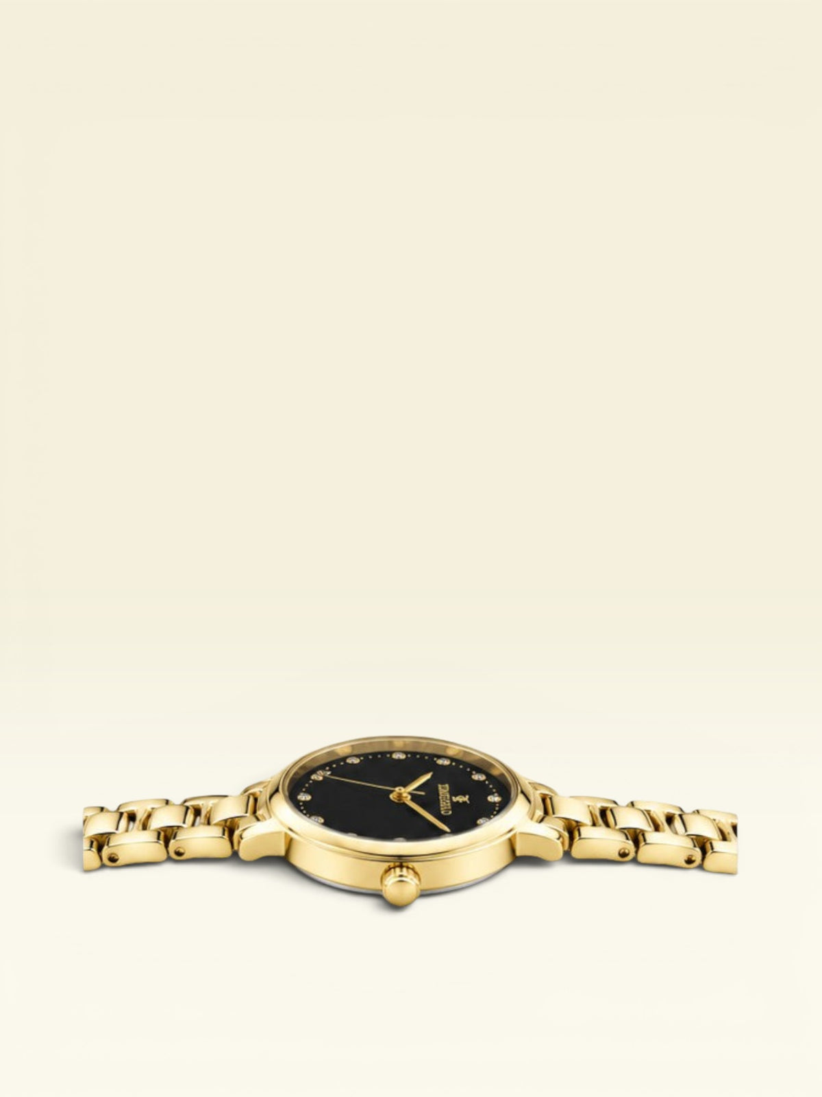 Labdhi Watches & Premium TimeGold Aurelia Grace watch with a black sunray dial, gold-tone bracelet, and crystal markers.