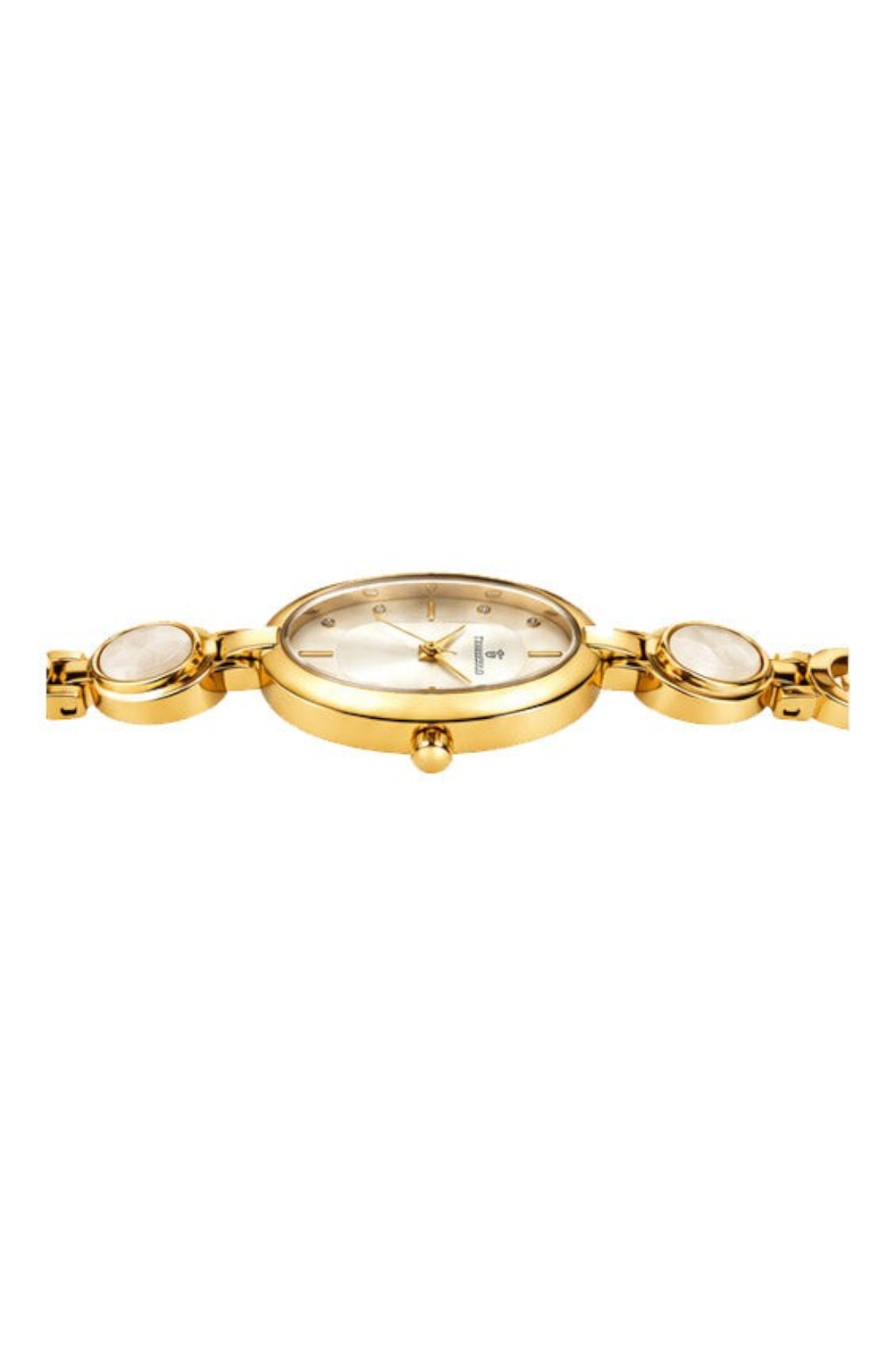 Labdhi Watches & Premium TimeGold women's gold-tone watch with oval accents and a minimalist dial, side view.