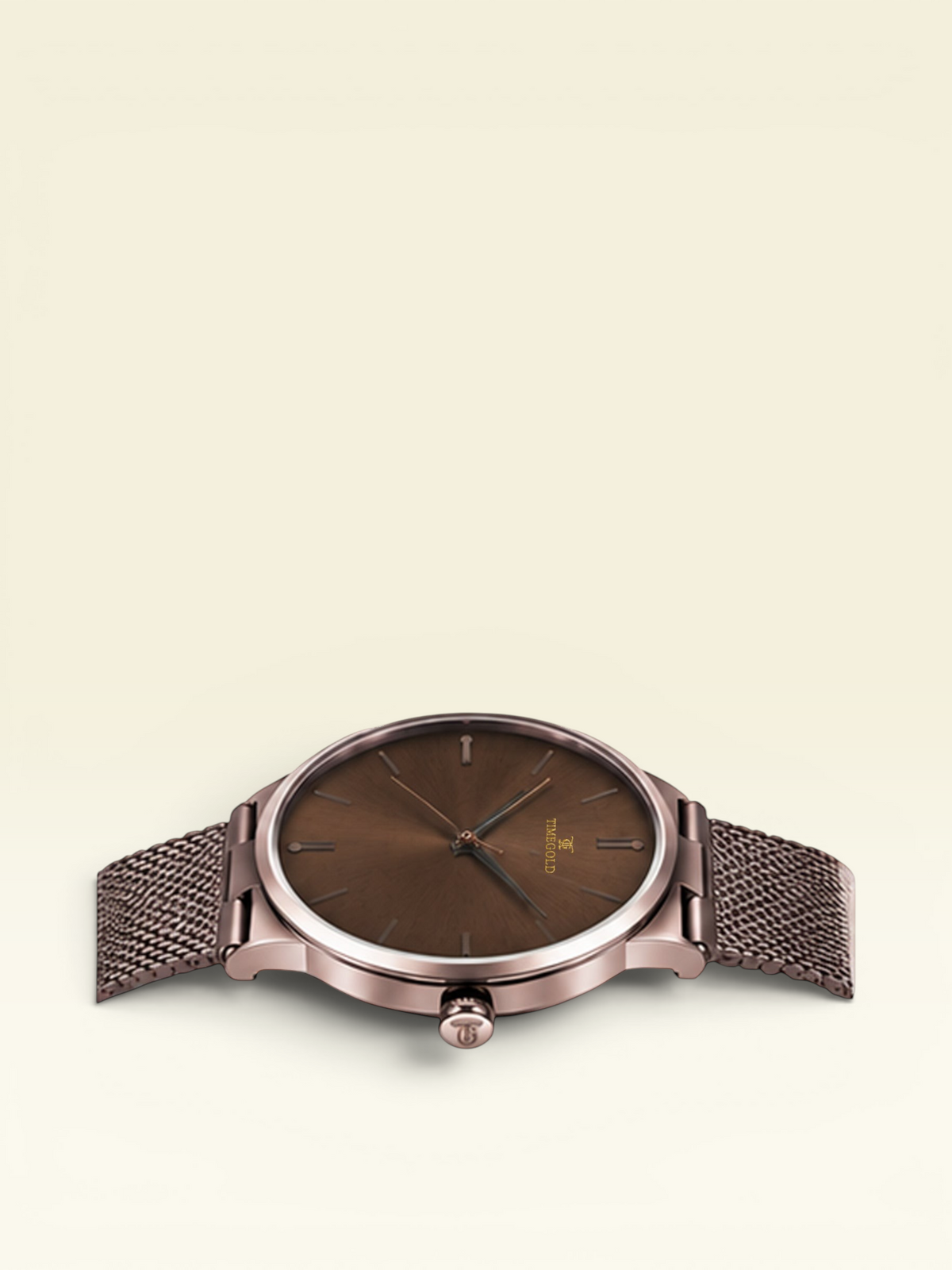 Labdhi Watches & Premium TimeGold TG-21-01 men's watch with a brown dial and rose gold mesh bracelet.