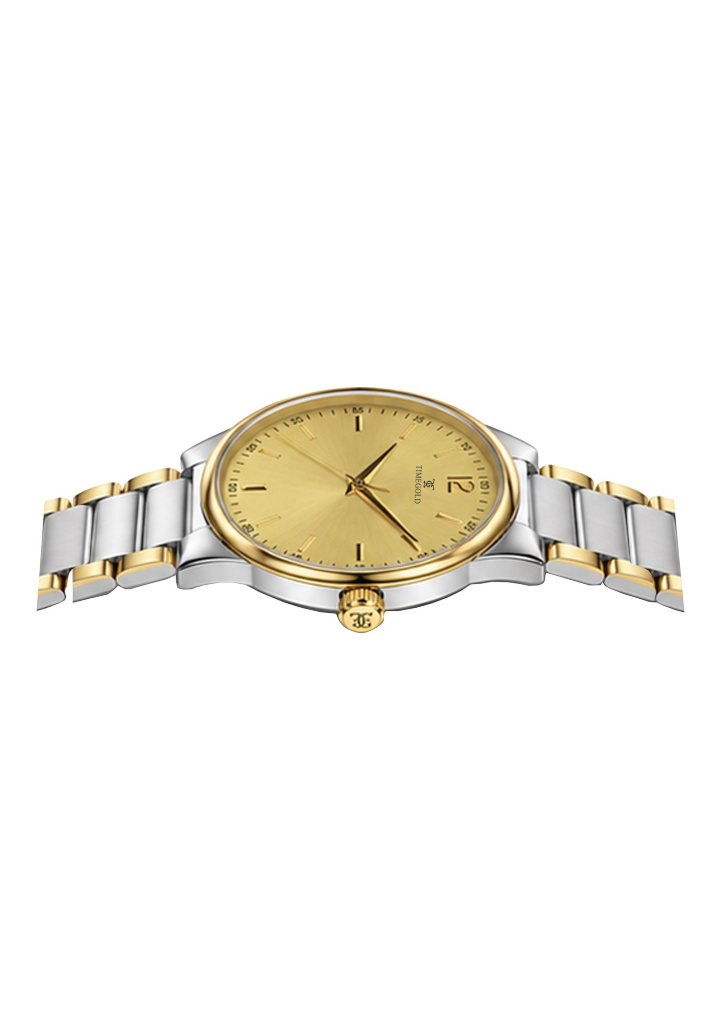 Labdhi Watches & Premium TimeGold TG-18-03 watch with a gold sunburst dial and dual-tone stainless steel bracelet.