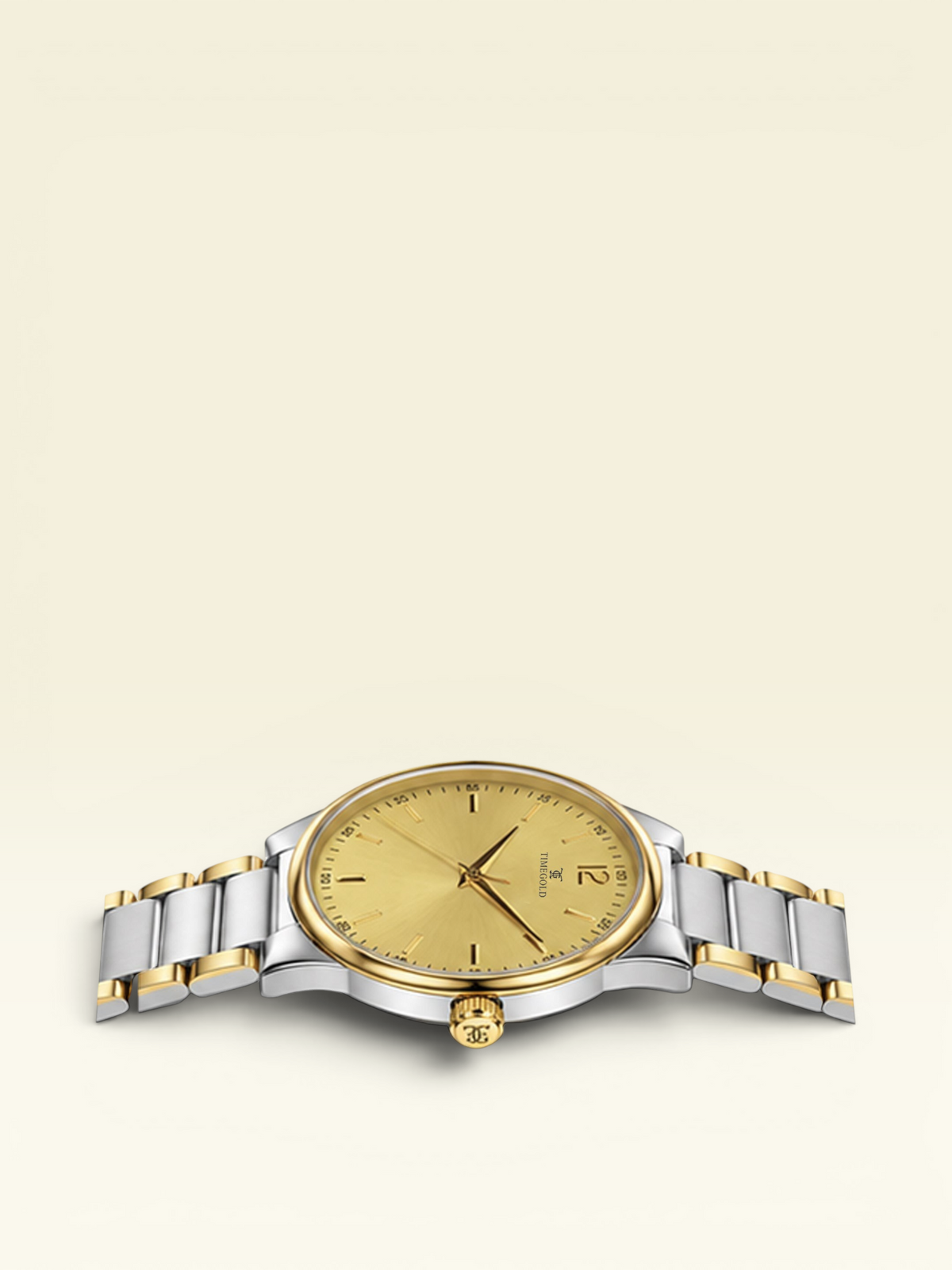 Labdhi Watches & Premium TimeGold TG-18-03 watch with a gold sunburst dial and dual-tone stainless steel bracelet.