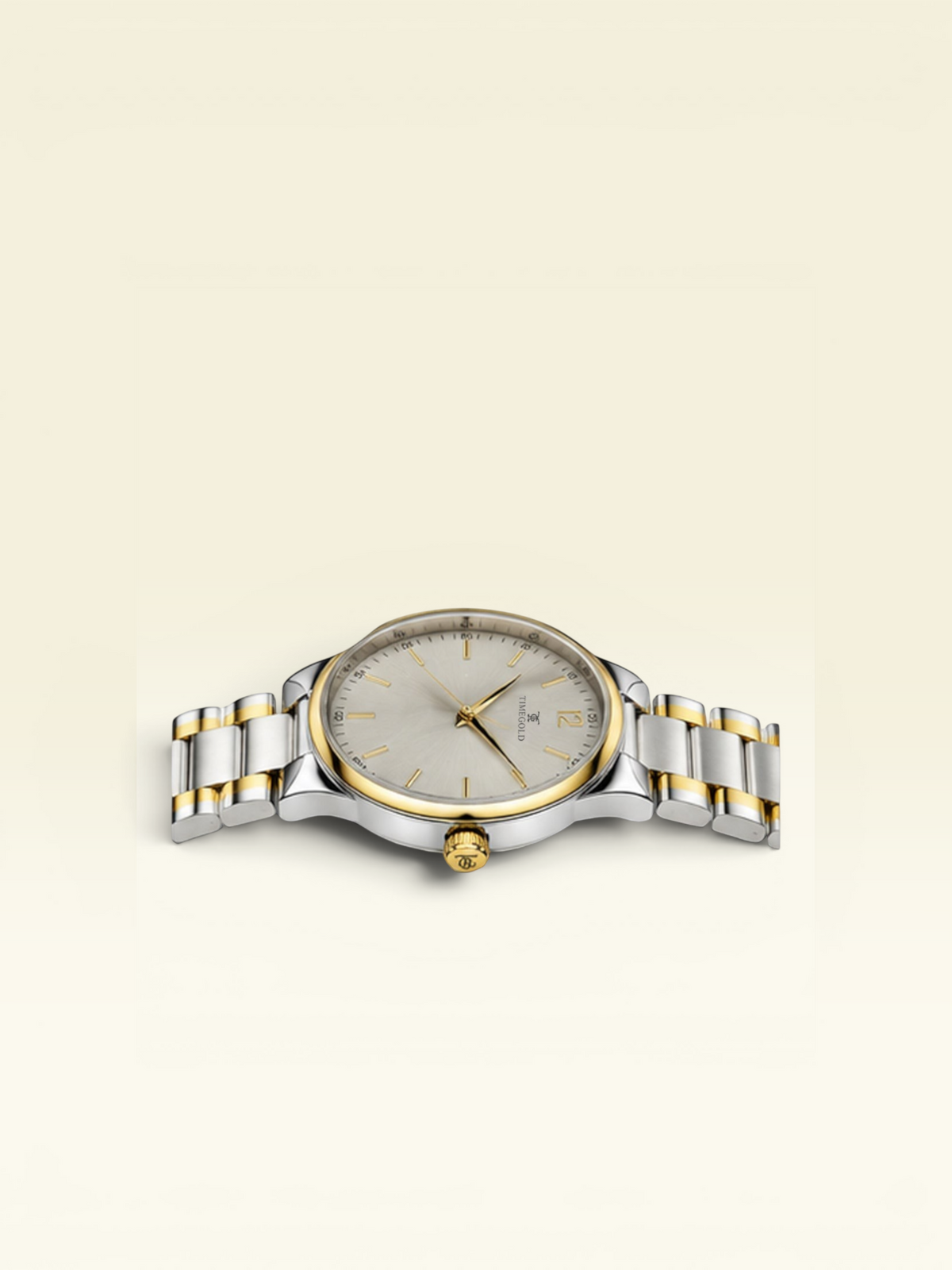 Labdhi Watches & Premium TimeGold TG-18-01 watch with a silver sunburst dial and dual-tone stainless steel bracelet.