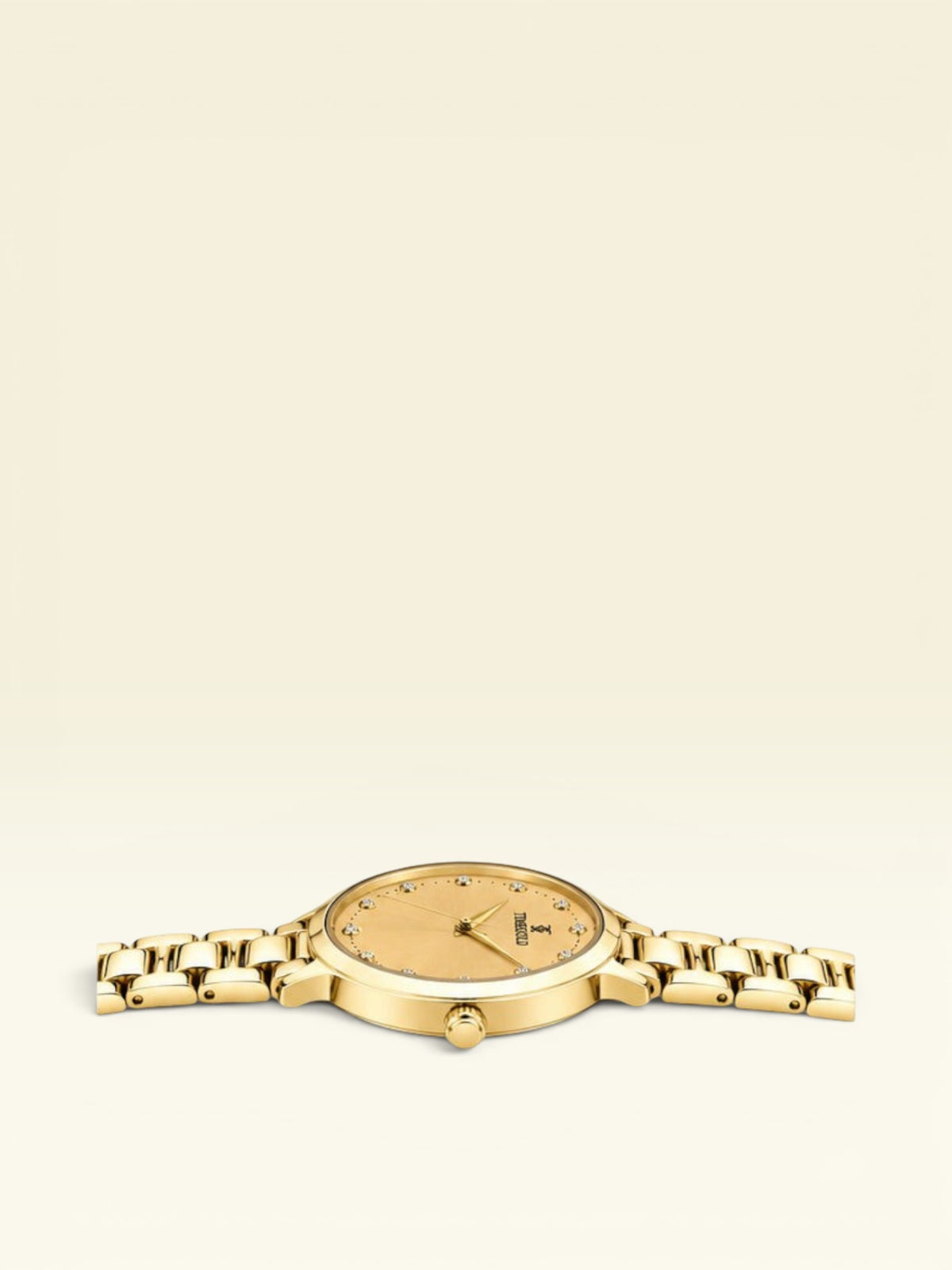 Labdhi Watches & Premium TimeGold Aurelia Grace gold-tone women's watch with a sunray dial and crystal hour markers.