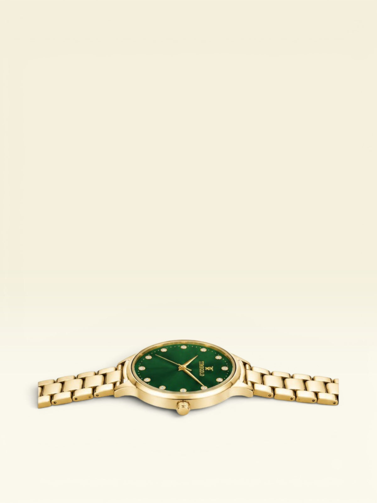 Labdhi Watches & Premium TimeGold Aurelia Grace watch with a green sunray dial, gold-tone bracelet, and crystals.