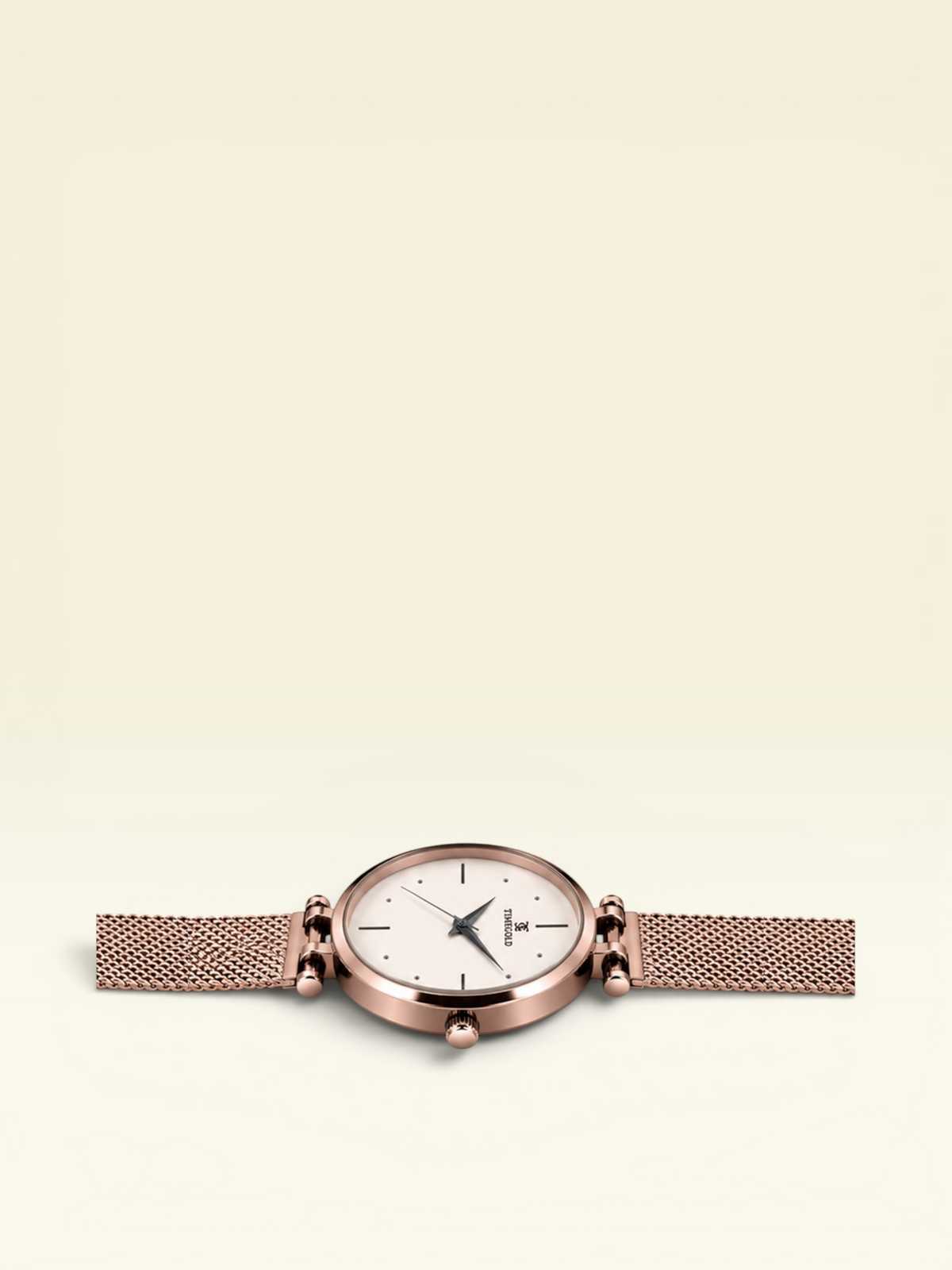 Labdhi Watches & Premium TimeGold Aurora rose gold watch with a minimalist white dial and a sleek mesh bracelet.