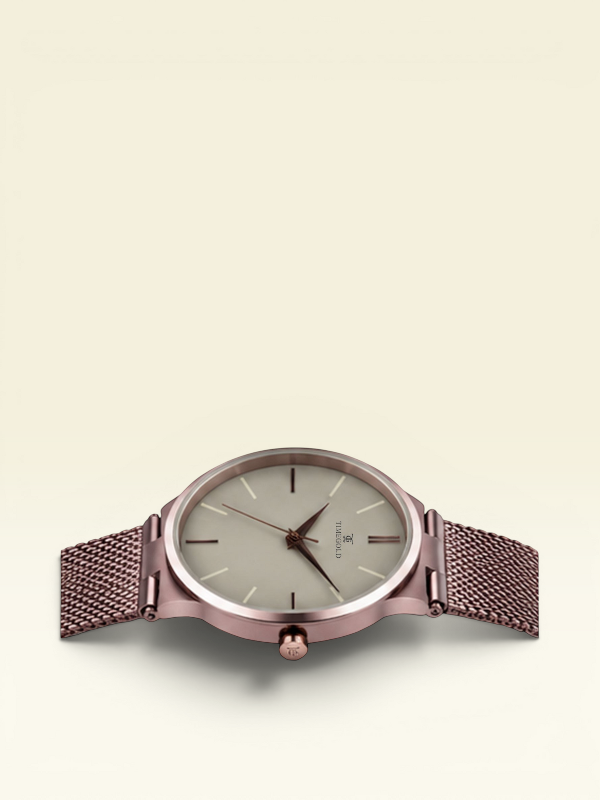 Labdhi Watches & Premium TimeGold TG-21-04 men's watch with a rose gold mesh strap and minimalist beige dial