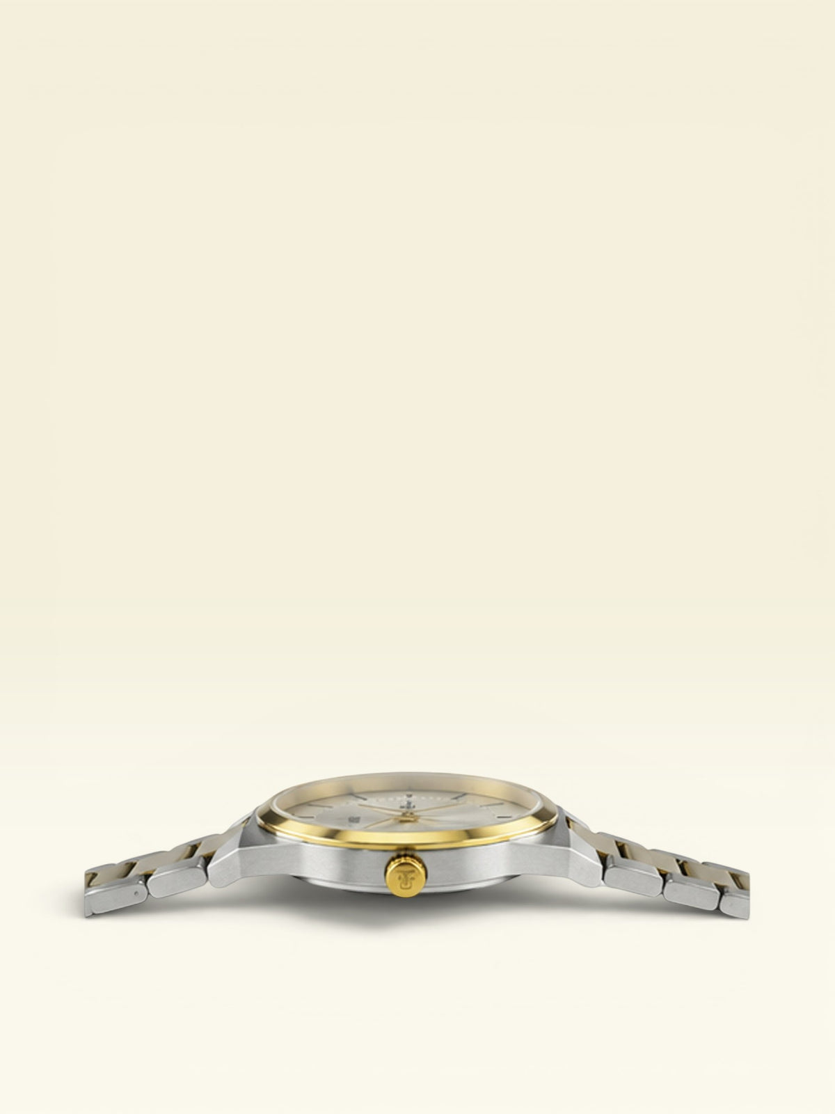 Labdhi Watches & Premium TimeGold TG-15-03 watch showing a slim profile, gold bezel, and two-tone steel bracelet.