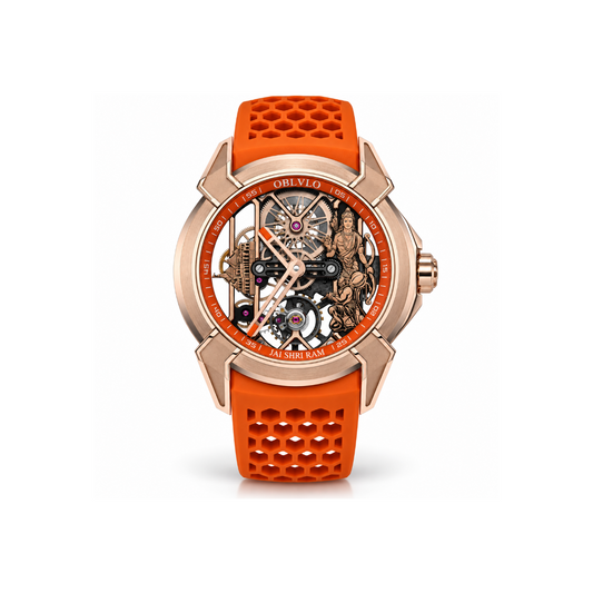 OBLVLO Jai Shri Ram Divine Heritage Skeleton Watch – Rose Gold Edition with Saffron Orange Strap