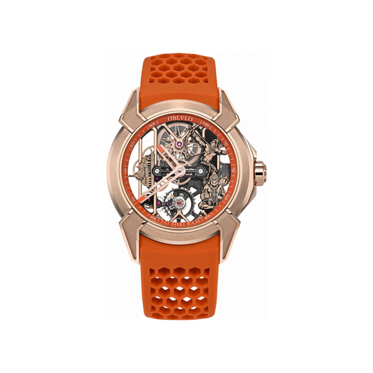 OBLVLO Jai Shri Ram Divine Warrior Skeleton Dial Men's Watch – Rose Gold Edition with Saffron Orange Strap