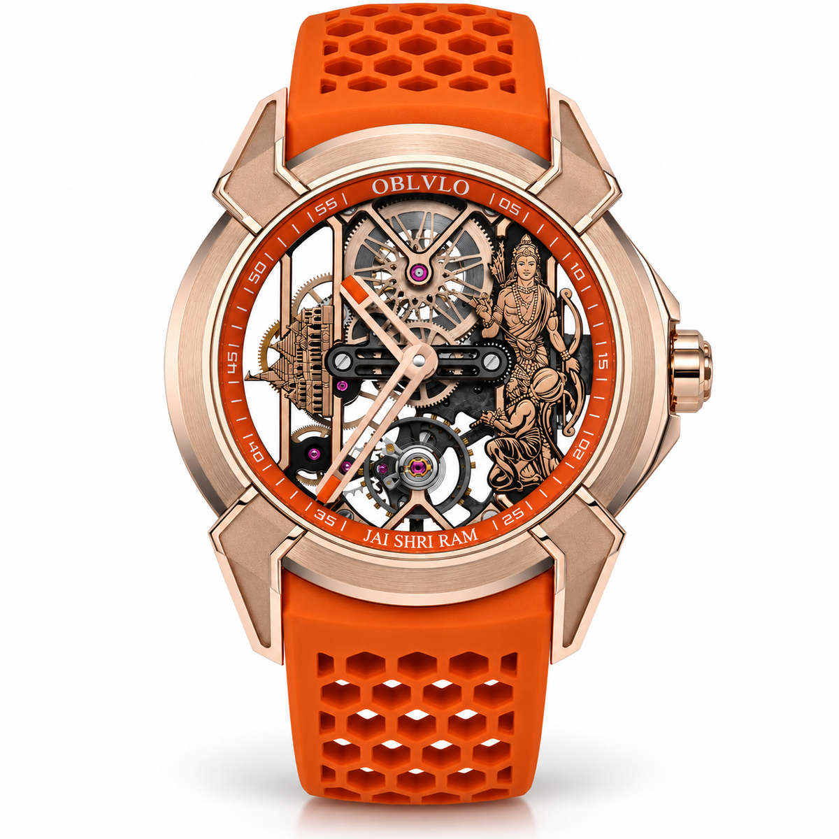 OBLVLO Jai Shri Ram Divine Heritage Skeleton Watch – Rose Gold Edition with Saffron Orange Strap