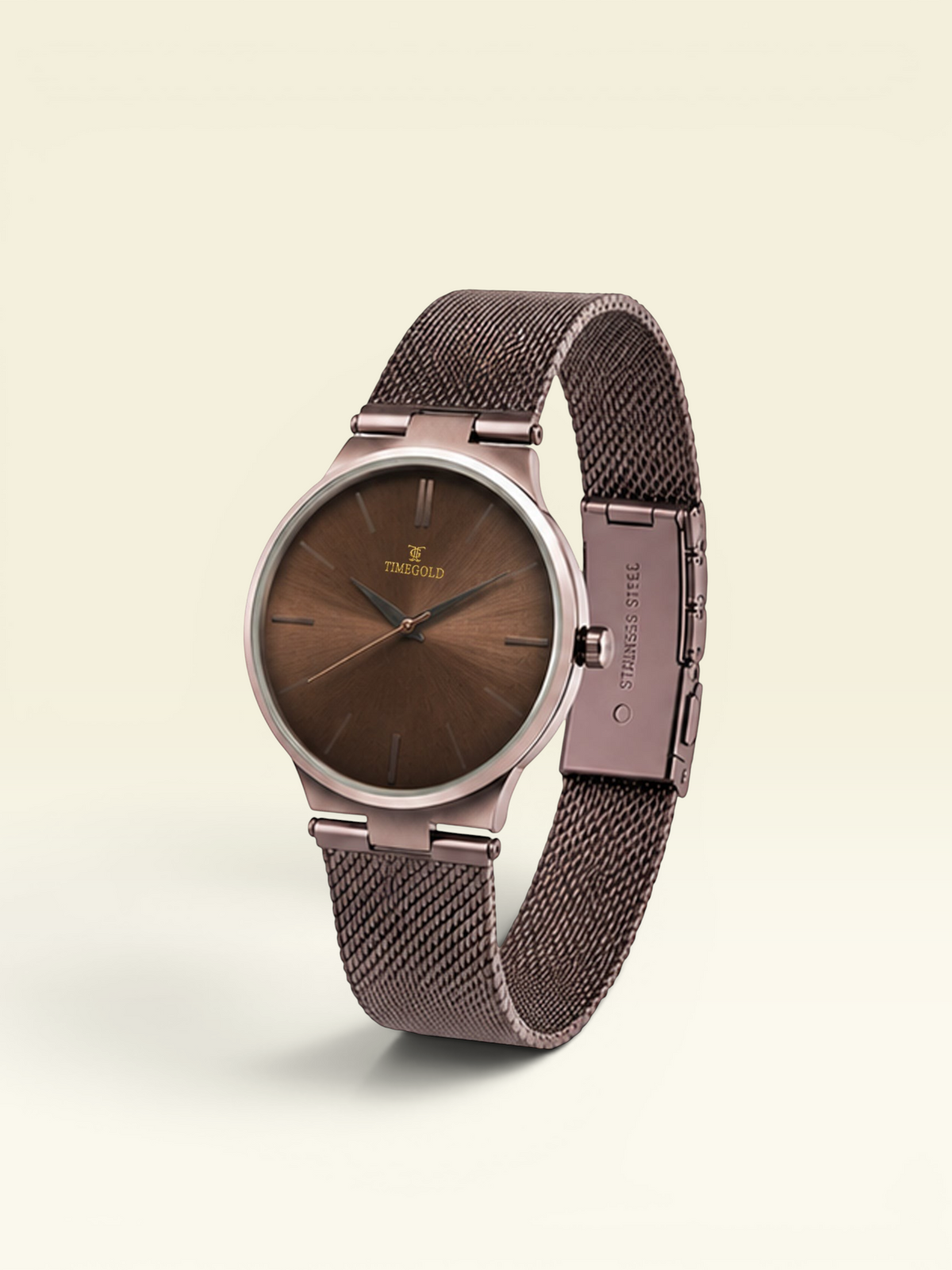 Labdhi Watches & Premium TimeGold TG-21-01 men's watch with a brown sunray dial and matching stainless steel mesh strap