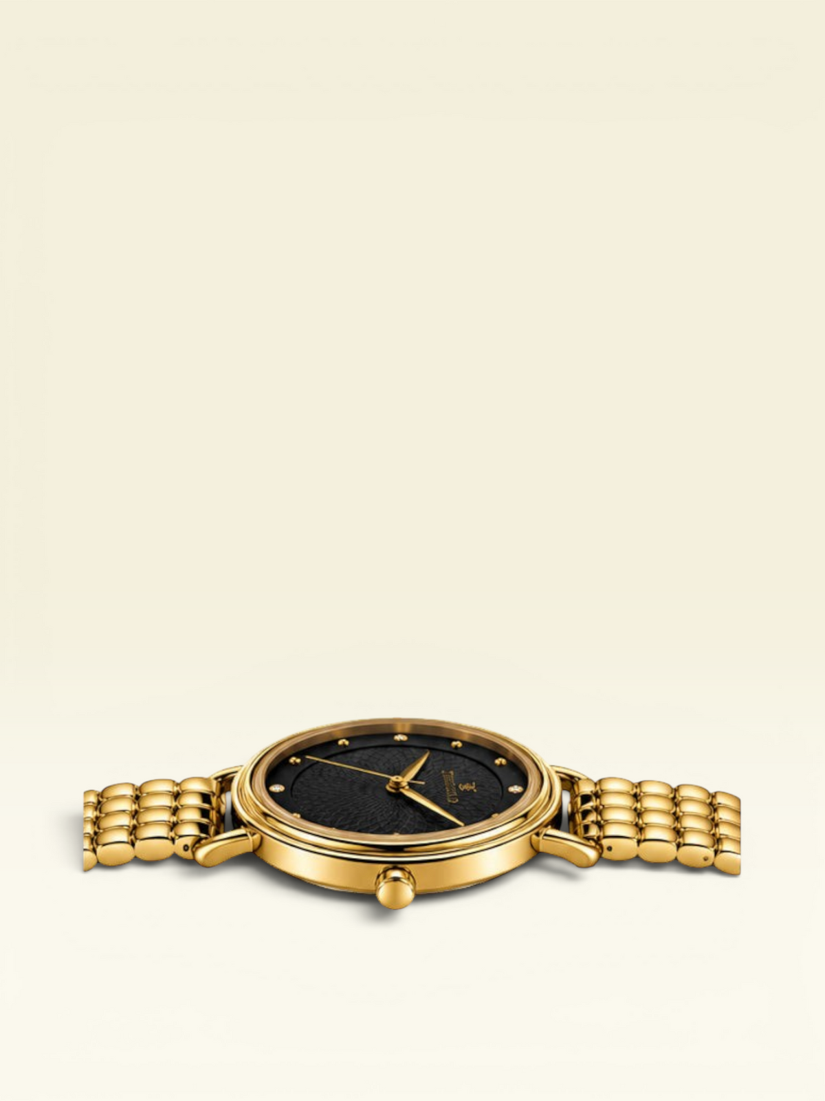 Labdhi Watches & Premium Time Gold Celestia Royale watch with a black guilloché dial and gold-tone bracelet.