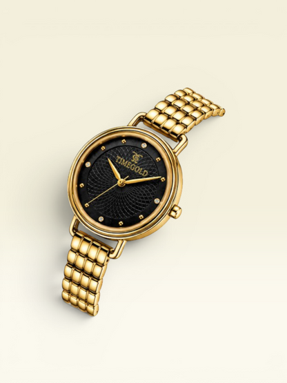 Labdhi Watches & Premium Time Gold Celestia Royale watch with a black guilloché dial and gold-tone bracelet.