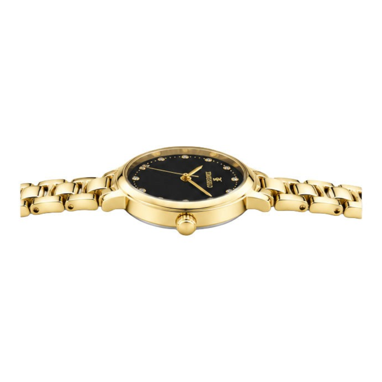 Labdhi Watches & Premium TimeGold Aurelia Grace watch with a black sunray dial, gold-tone bracelet, and crystal markers.