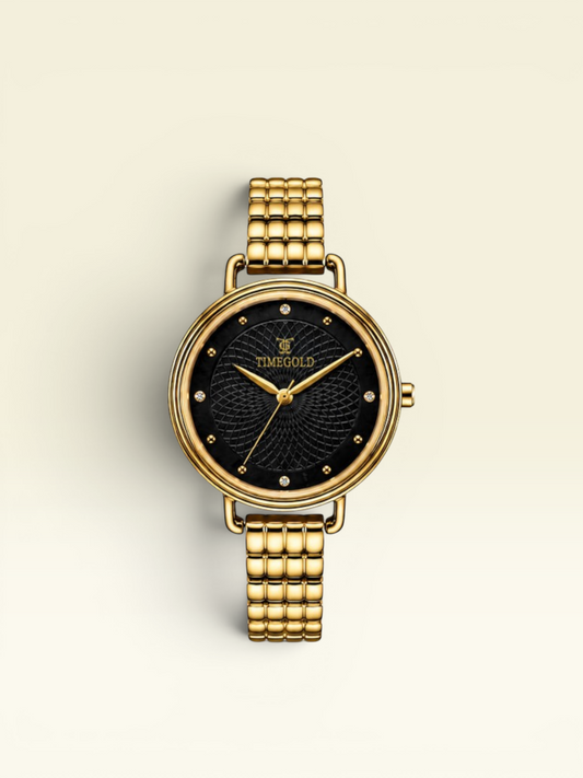 Labdhi Watches & Premium Time Gold Celestia Royale watch with a black guilloché dial, crystal markers, and gold band.