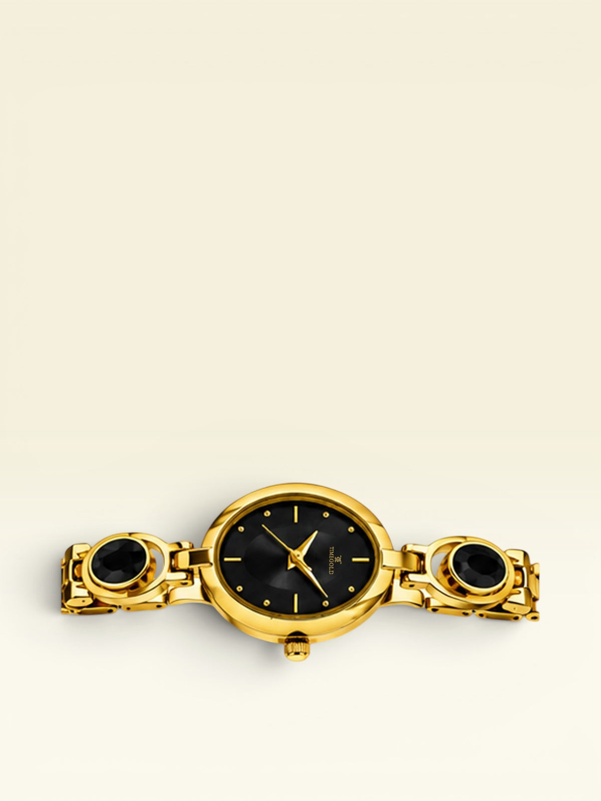 Labdhi Watches & Premium TimeGold TG-13-04 gold-tone women's watch with a black dial and oval black stone accents.