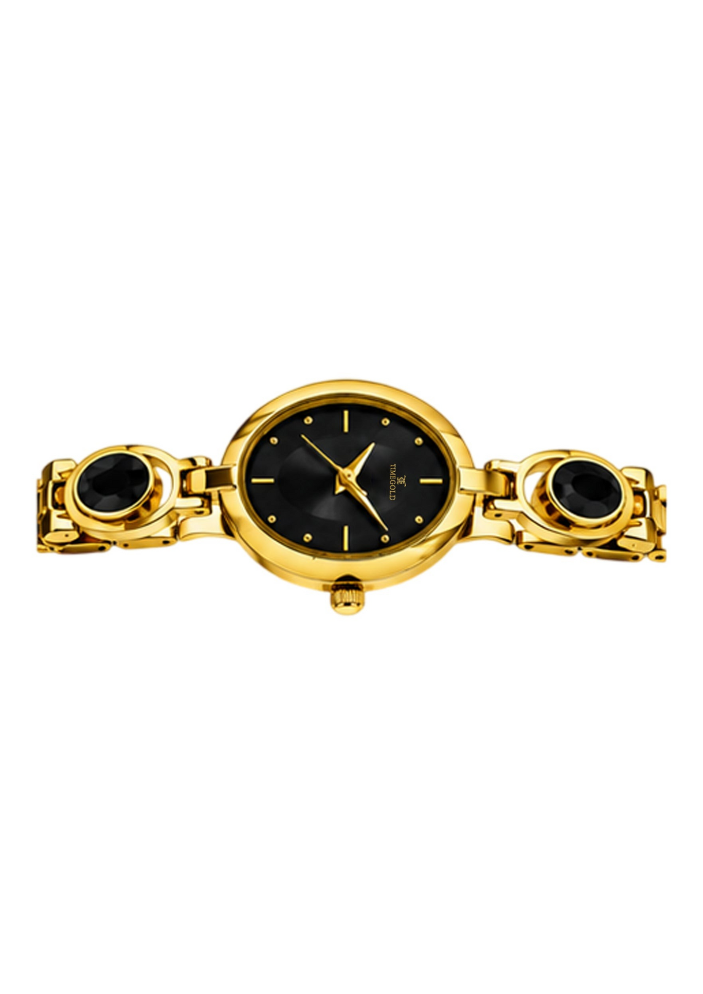 Labdhi Watches & Premium TimeGold TG-13-04 gold-tone women's watch with a black dial and oval black stone accents.