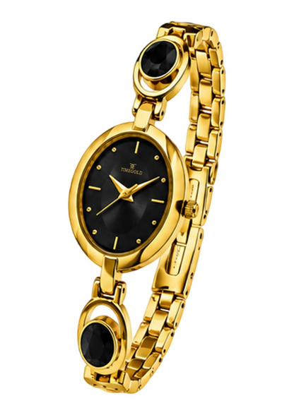Labdhi Watches & Premium TimeGold women's watch with a black dial, gold oval case, and decorative black stone links.
