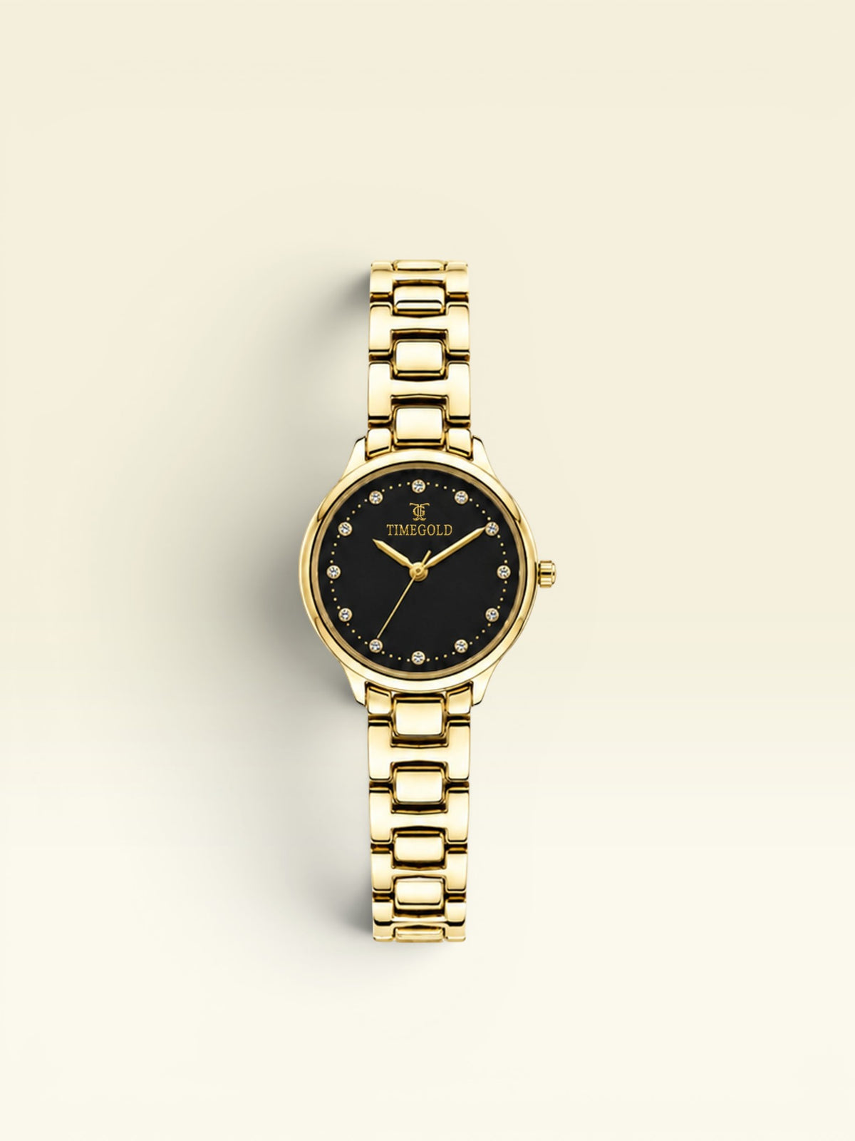 Labdhi Watches & Premium TimeGold Aurelia Grace women's watch with a gold-tone bracelet and black crystal-accented dial