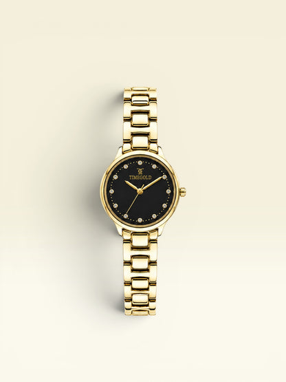 Labdhi Watches & Premium TimeGold Aurelia Grace women's watch with a gold-tone bracelet and black crystal-accented dial