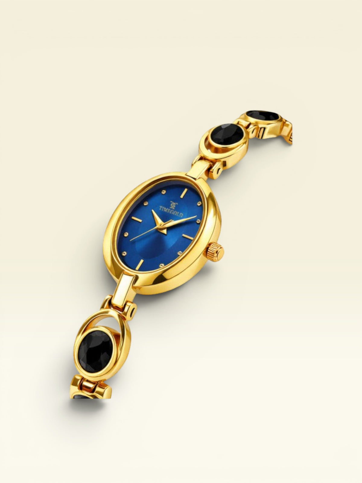 Labdhi Watches & Premium TimeGold women's watch with a blue oval dial, gold-tone bracelet, and black stone accents.