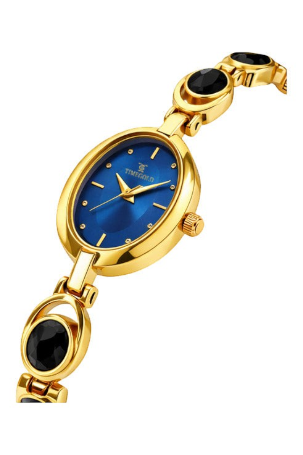 Labdhi Watches & Premium TimeGold women's watch with a blue oval dial, gold-tone bracelet, and black stone accents.