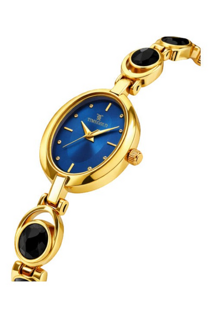Labdhi Watches & Premium TimeGold women's watch with a blue oval dial, gold-tone bracelet, and black stone accents.