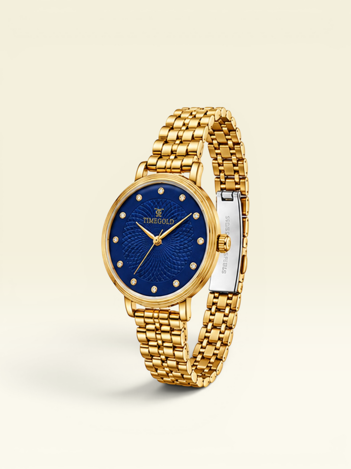 Labdhi Watches & Premium Time Gold Celestia Royale watch with a blue guilloché dial, crystal markers, and gold bracelet