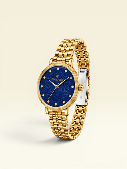 Labdhi Watches & Premium Time Gold Celestia Royale watch with a blue guilloché dial, crystal markers, and gold bracelet