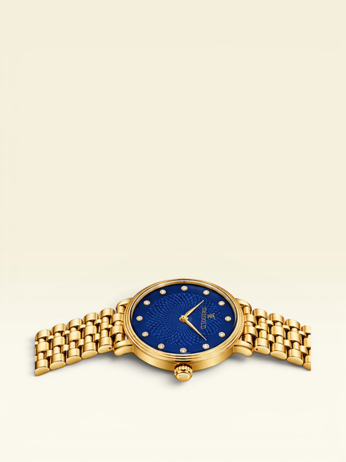 Labdhi Watches & Premium Time Gold Celestia Royale watch with a blue guilloché dial, crystal markers, and gold bracelet.