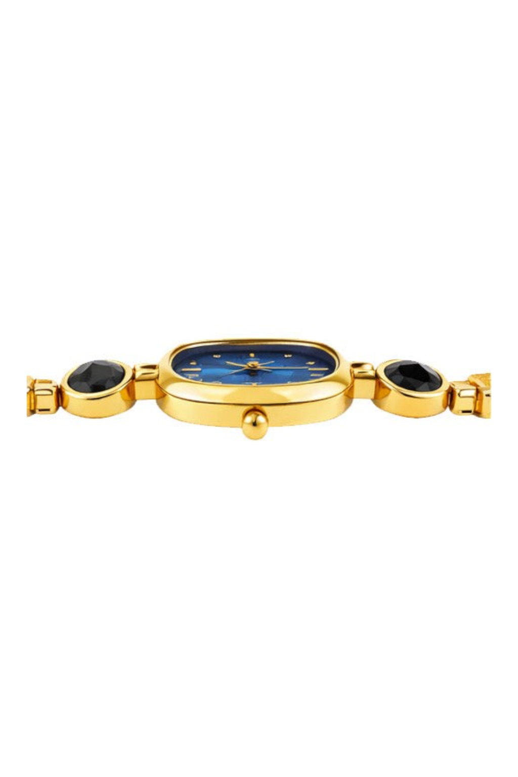 Labdhi Watches & Premium TimeGold watch with a blue dial, gold-tone case, and black stone accents on the bracelet.