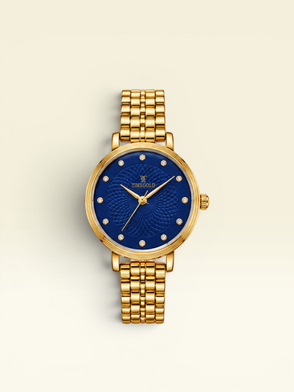 Labdhi Watches & Premium Time Gold Celestia Royale watch with a blue guilloché dial, gold bracelet, and crystal markers