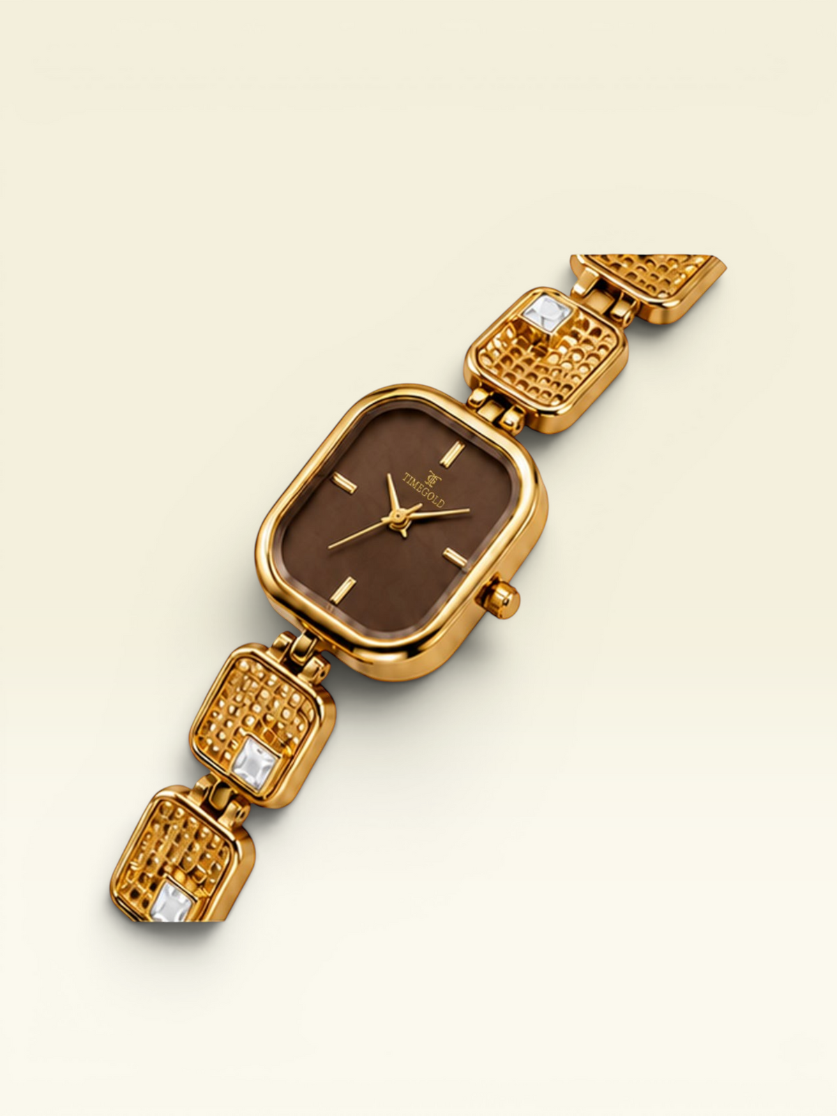 Labdhi Watches & Premium Time Gold Royale Gem watch with a brown square dial and gold-tone textured link bracelet.