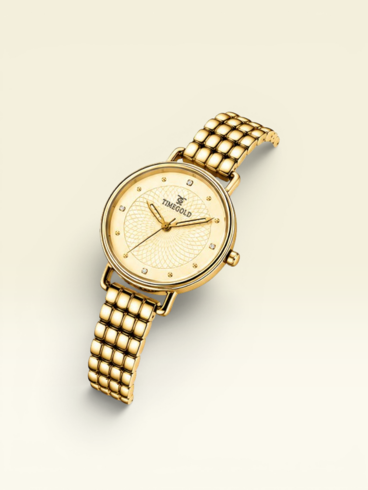 Labdhi Watches & Premium Time Gold Celestia Royale watch with a gold-tone bracelet and champagne guilloché dial.
