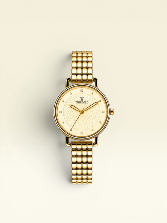 Labdhi Watches & Premium Time Gold Celestia Royale watch with a gold-tone bracelet and guilloché dial with crystals.