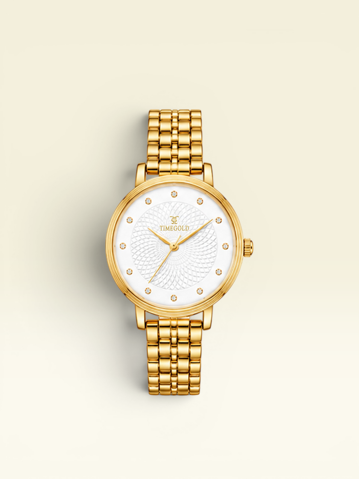 Labdhi Watches & Premium Time Gold Celestia Royale watch with a gold-tone bracelet and white guilloché dial.