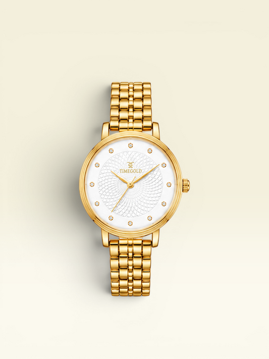 Labdhi Watches & Premium Time Gold Celestia Royale watch with a gold-tone bracelet and white guilloché dial.