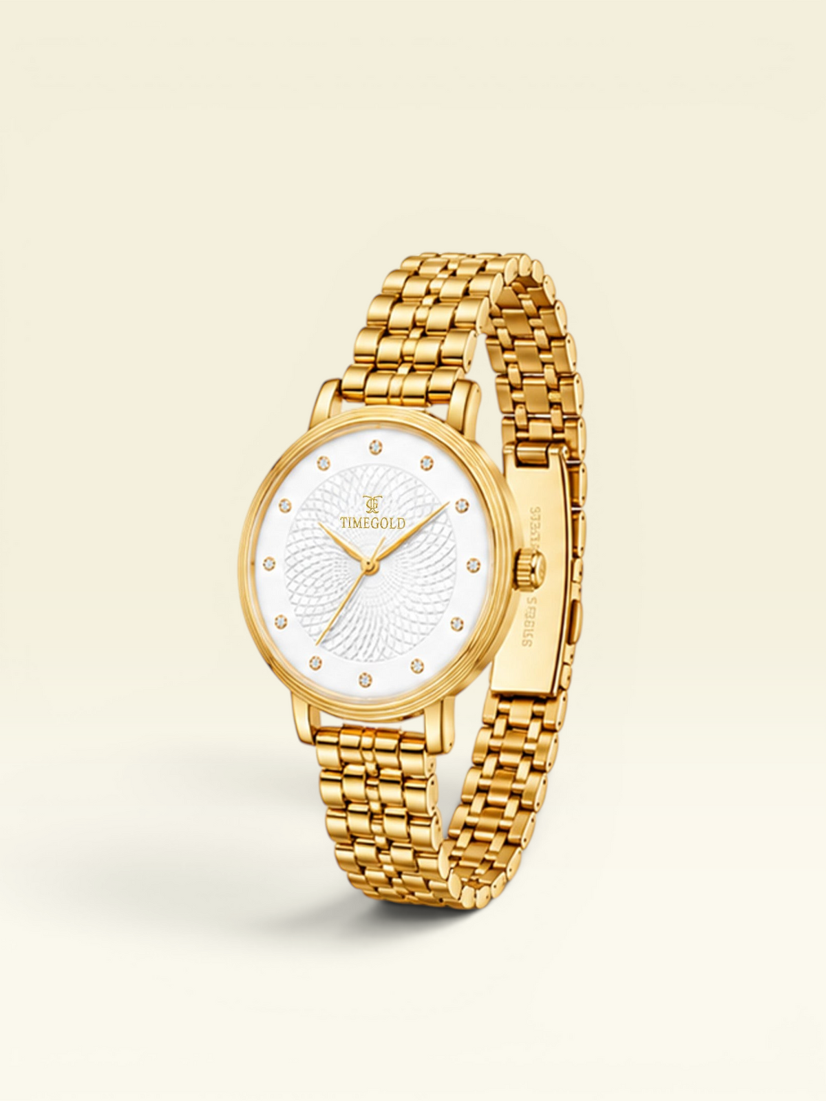 Labdhi Watches & Premium Time Gold Celestia Royale watch with a gold-tone bracelet and white guilloché dial with crystals.
