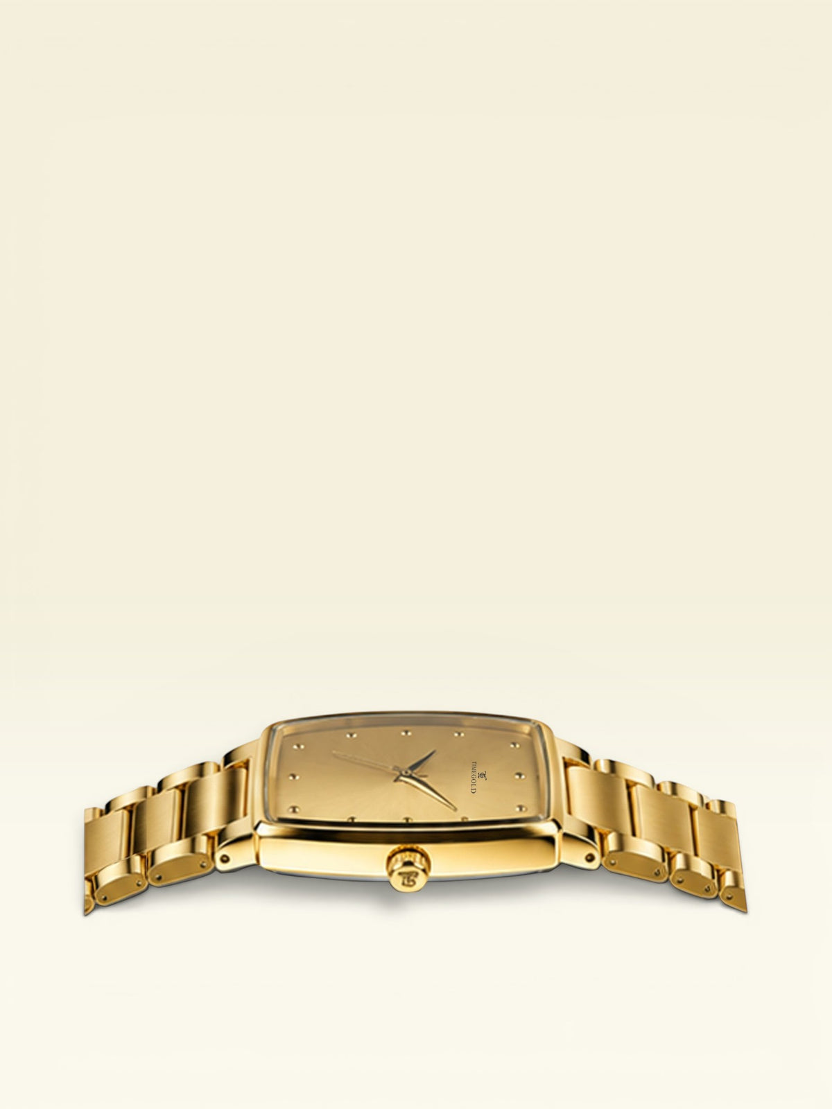 Labdhi Watches & Premium TimeGold TG-27-03 gold-tone watch with a curved square case and stainless steel bracelet.