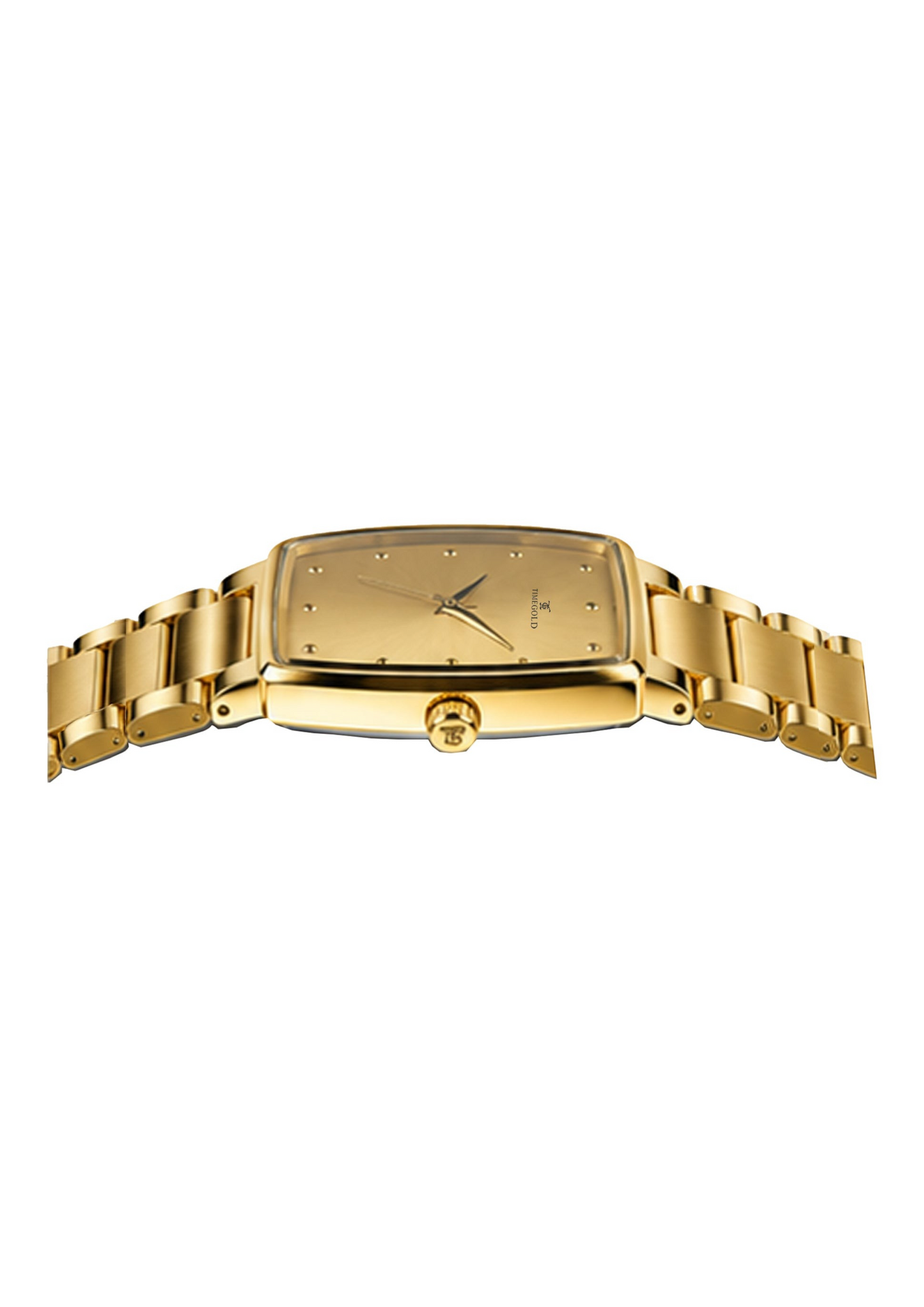 Labdhi Watches & Premium TimeGold TG-27-03 gold-tone watch with a curved square case and stainless steel bracelet.