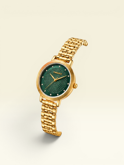 Labdhi Watches & Premium Time Gold Celestia Royale watch with a green guilloché dial and gold-tone link bracelet.