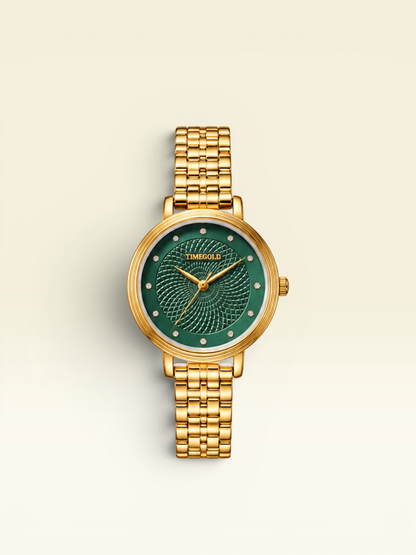 Labdhi Watches & Premium Time Gold Celestia Royale watch with a green guilloché dial, crystal markers, and gold band.