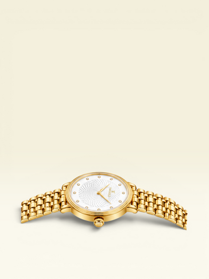 Labdhi Watches & Premium Time Gold Celestia Royale watch with a gold-tone bracelet and white guilloché dial.
