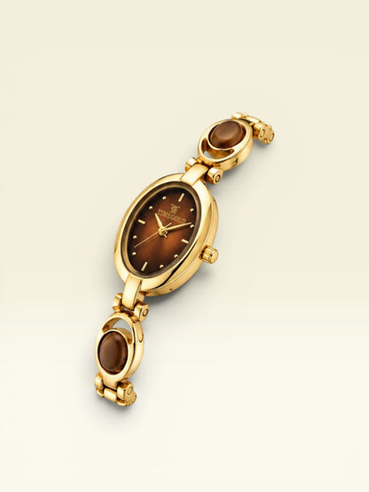Labdhi Watches & Premium TimeGold women's watch with a gold-tone bracelet, oval brown dial, and decorative oval links.