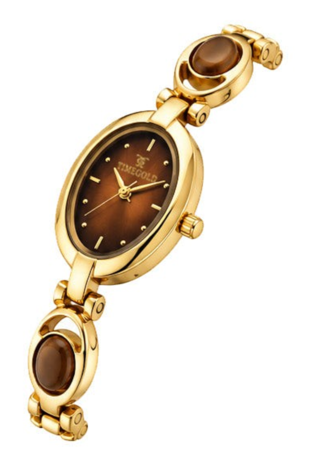 Labdhi Watches & Premium TimeGold women's watch with a gold-tone bracelet, oval brown dial, and decorative oval links.