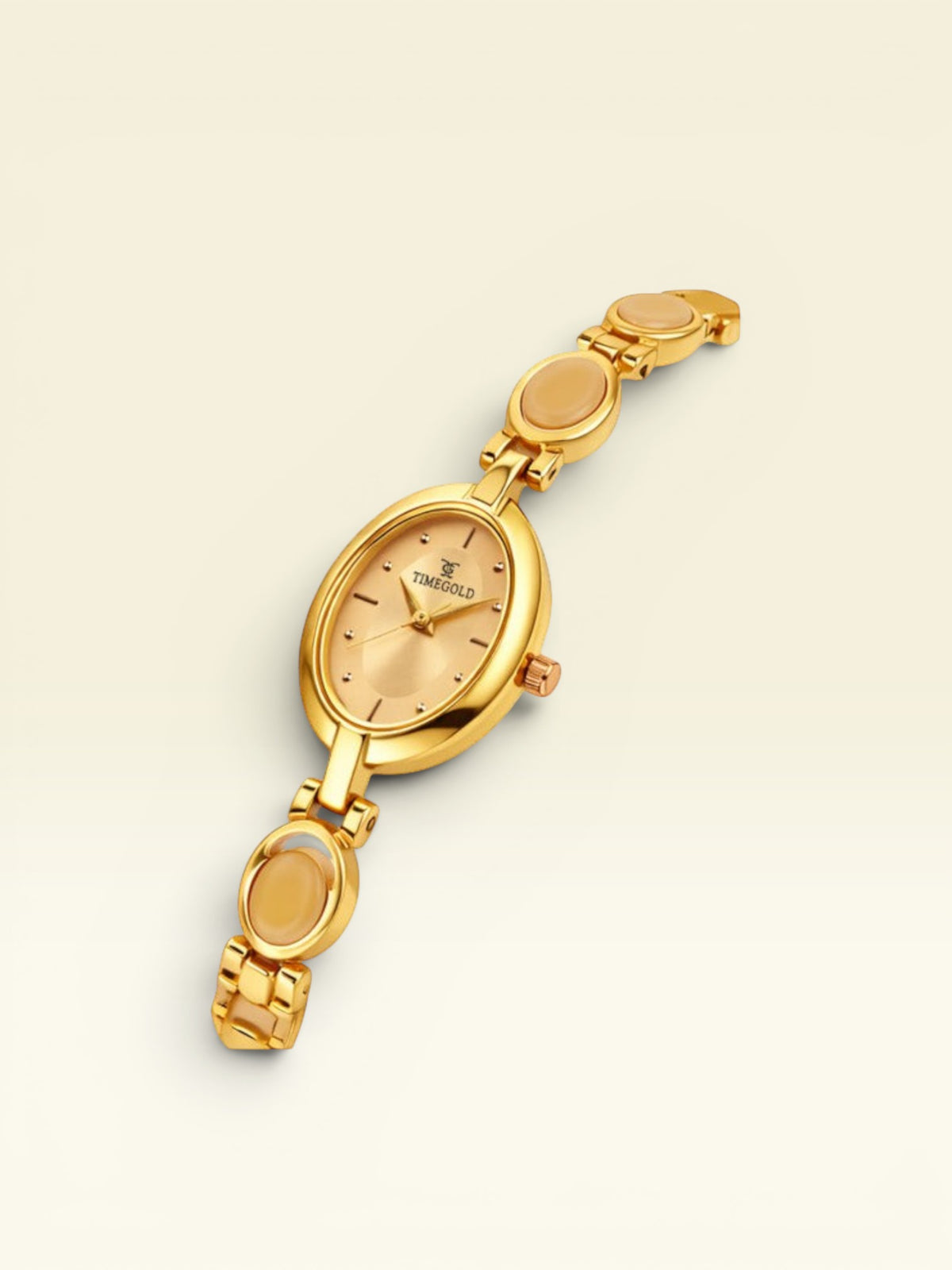 Labdhi Watches & Premium TimeGold gold-tone women's watch with an oval dial and decorative oval bracelet links.