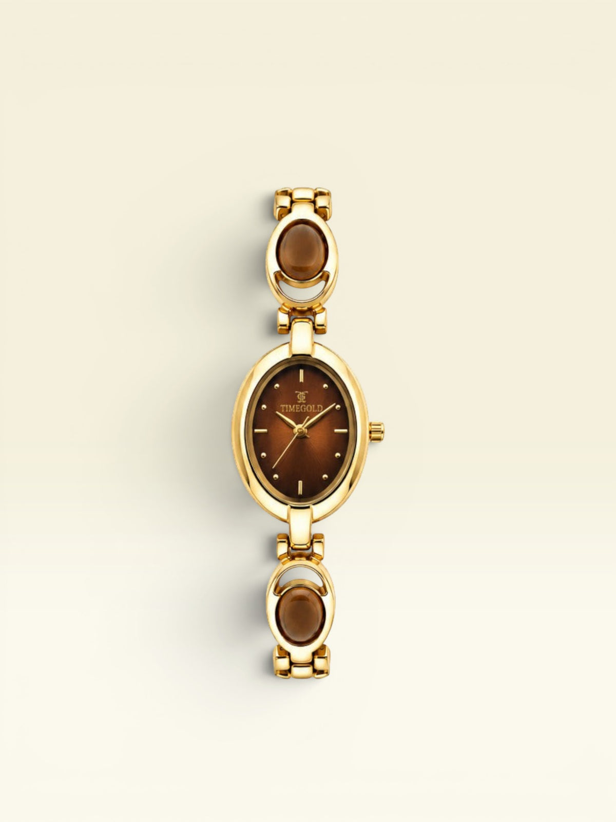 Labdhi Watches & Premium TimeGold TG-13-03 women's gold-tone watch with a brown oval dial and decorative oval links.
