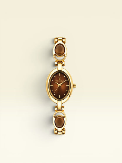 Labdhi Watches & Premium TimeGold TG-13-03 women's gold-tone watch with a brown oval dial and decorative oval links.