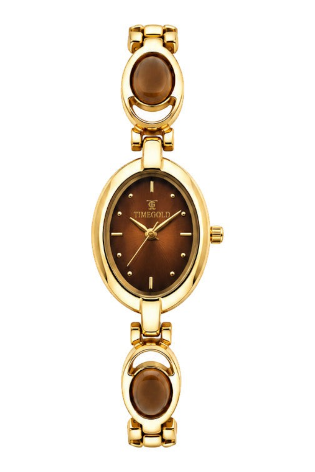 Labdhi Watches & Premium TimeGold TG-13-03 women's gold-tone watch with a brown oval dial and decorative oval links.