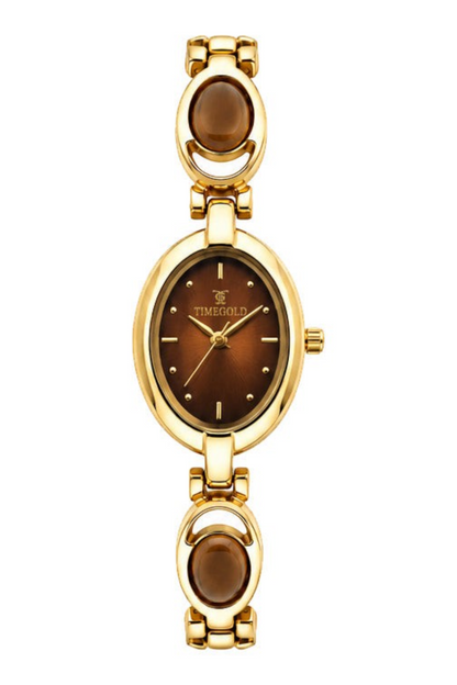Labdhi Watches & Premium TimeGold TG-13-03 women's gold-tone watch with a brown oval dial and decorative oval links.